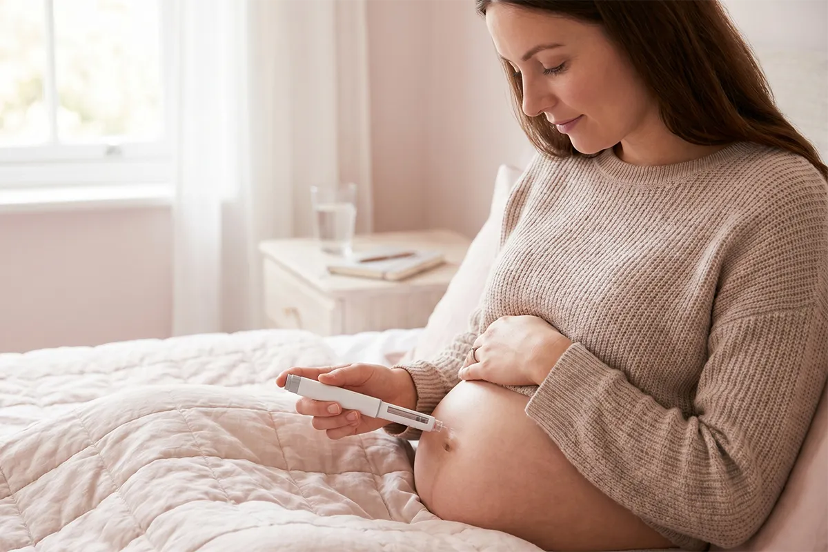 Femme enceinte réalisant une injection d’insuline sur le ventre.